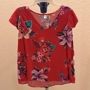 Old Navy Flutter Sleeve Red Floral Blouse
